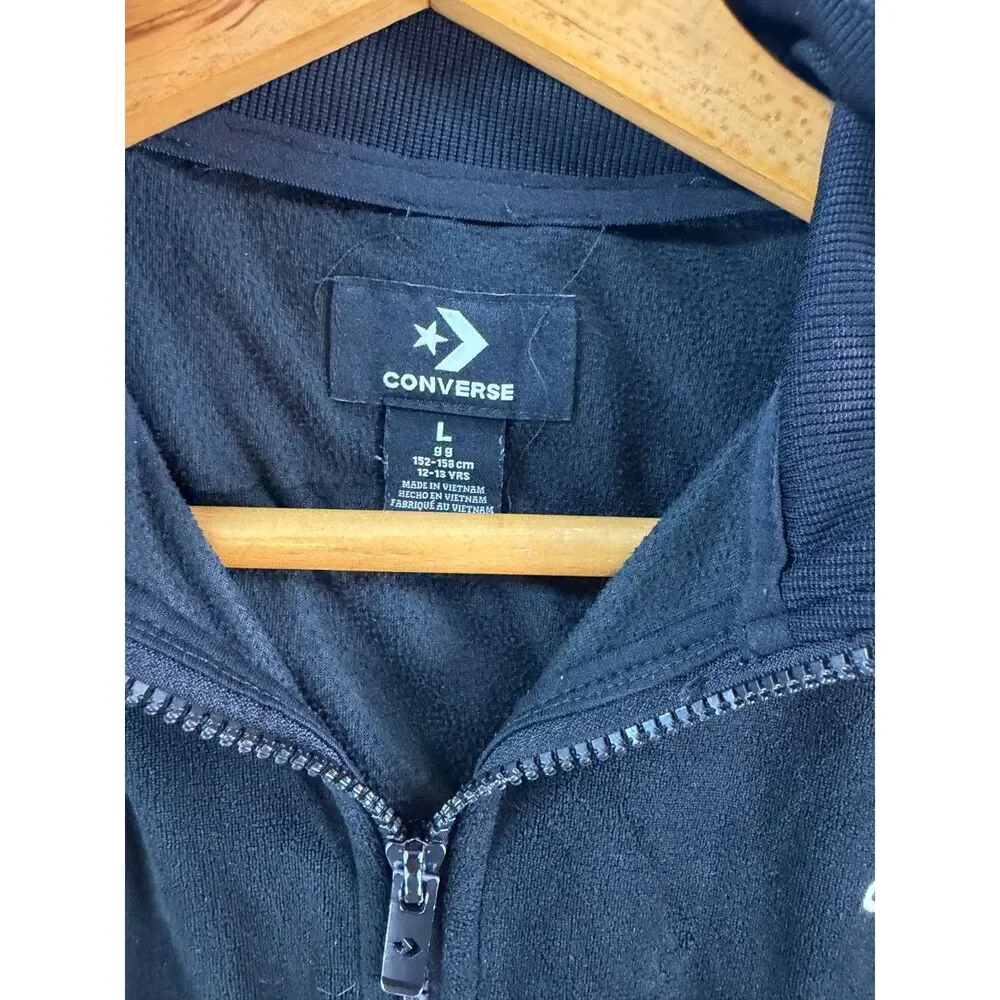Converse Youth Large Black Velour Track Jacket Full Zip Logo Tape 3445